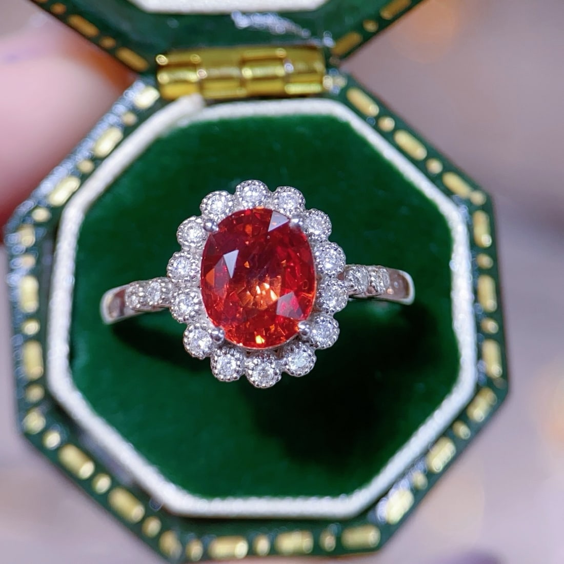 14k Gold 2.38 Ctw Natural Sapphire & Diamond Ring: Ref:231106358 // gold content:14k gold // ring size:7. 25us // // main gemstone:sapphire // shape:oval // carat weight:2. 2ct // color:orange // treatment:natural // // adjacent gemstone 2 :