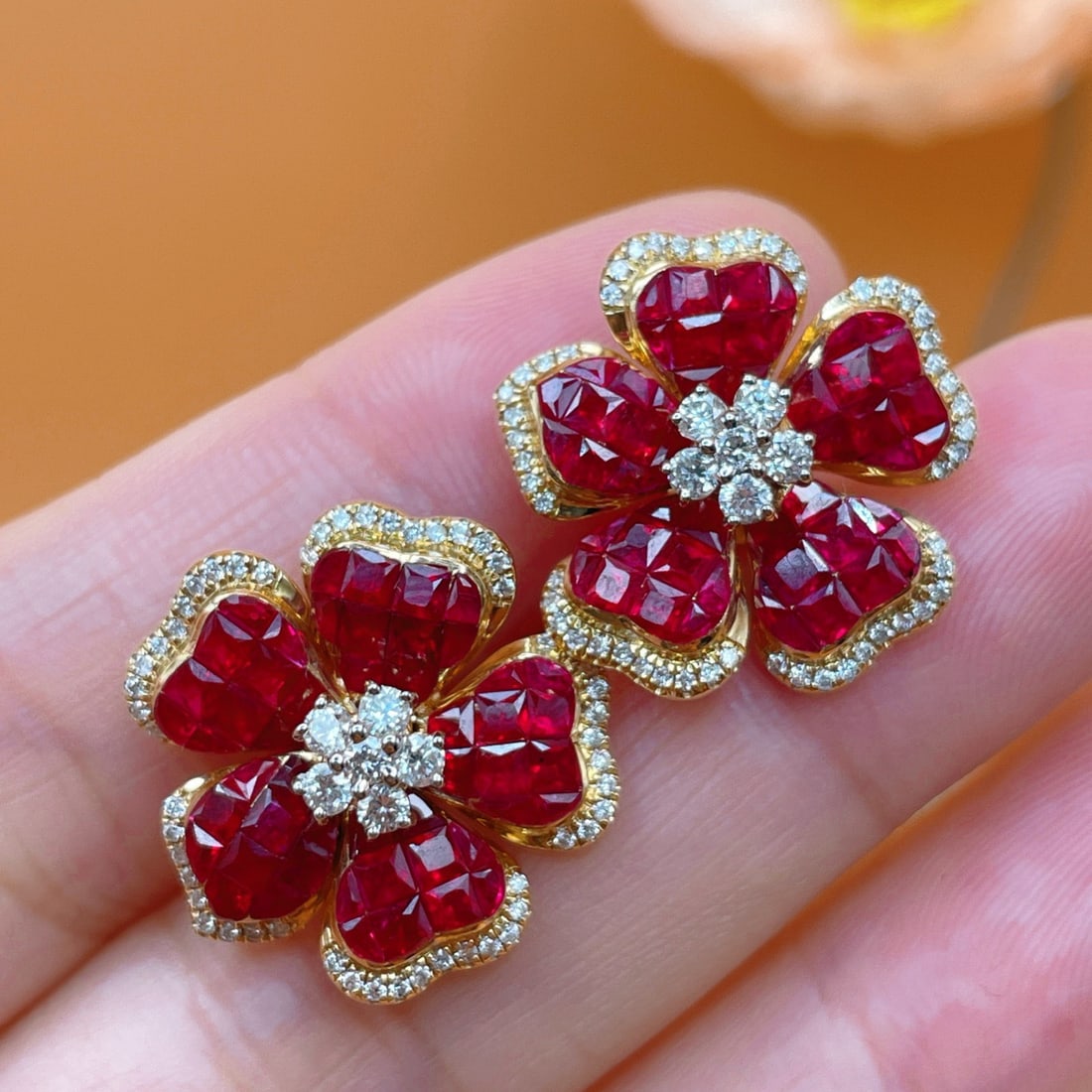 14k Gold 2.12 Ctw Natural Ruby & Diamond & Flowers Earrings - 2