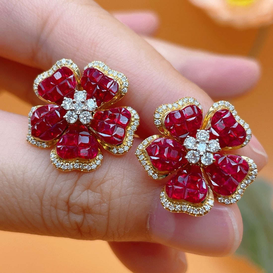 14k Gold 2.12 Ctw Natural Ruby & Diamond & Flowers Earrings - 4