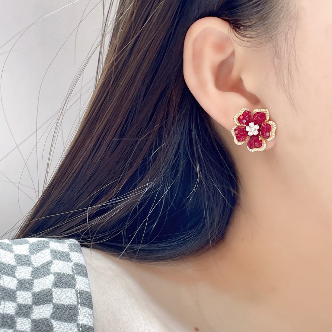 14k Gold 2.12 Ctw Natural Ruby & Diamond & Flowers Earrings - 7