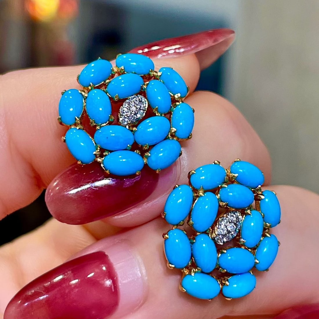 14k Gold 4.43 Ct Natural Blue Turquoise & Diamond Earrings - 2