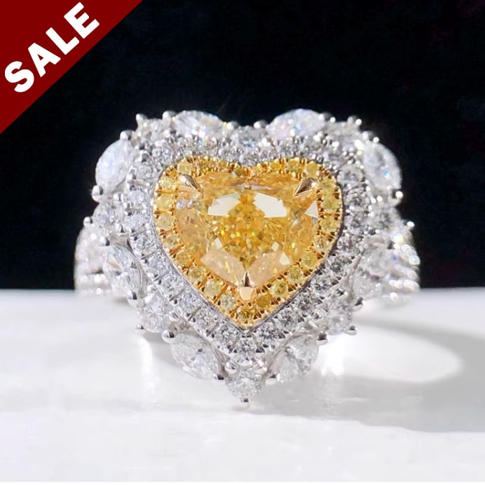14k Gold 1.95 Ctw Natural Yellow Diamond & Diamond & Cocktail Ring/pendant: Ref:230794005 // gold content:14k gold // ring size:7. 25us // // main gemstone:yellow diamond // shape:heart // carat weight:1. 00ct // color:yellow // treatment:natural // // adjacent gemstone 2