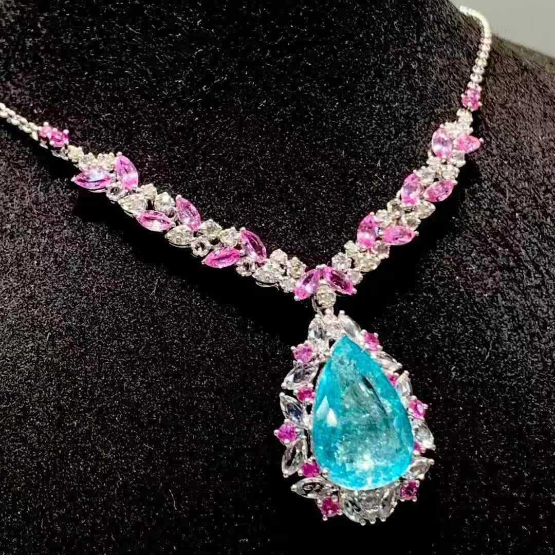 14k Gold 6.19 Ct Natural Paraiba Tourmaline & Diamond Necklace - 2