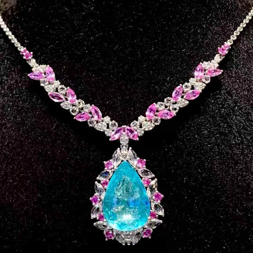 14k Gold 6.19 Ct Natural Paraiba Tourmaline & Diamond Necklace - 4