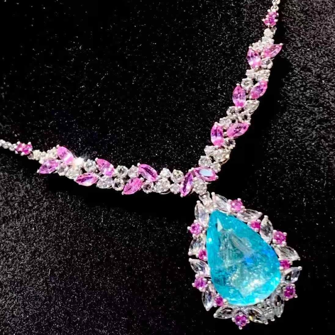 14k Gold 6.19 Ct Natural Paraiba Tourmaline & Diamond Necklace - 5