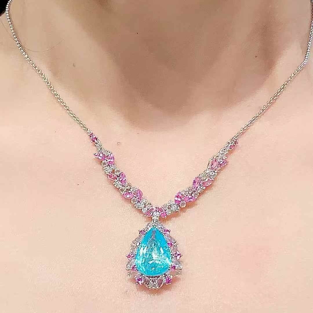 14k Gold 6.19 Ct Natural Paraiba Tourmaline & Diamond Necklace - 6
