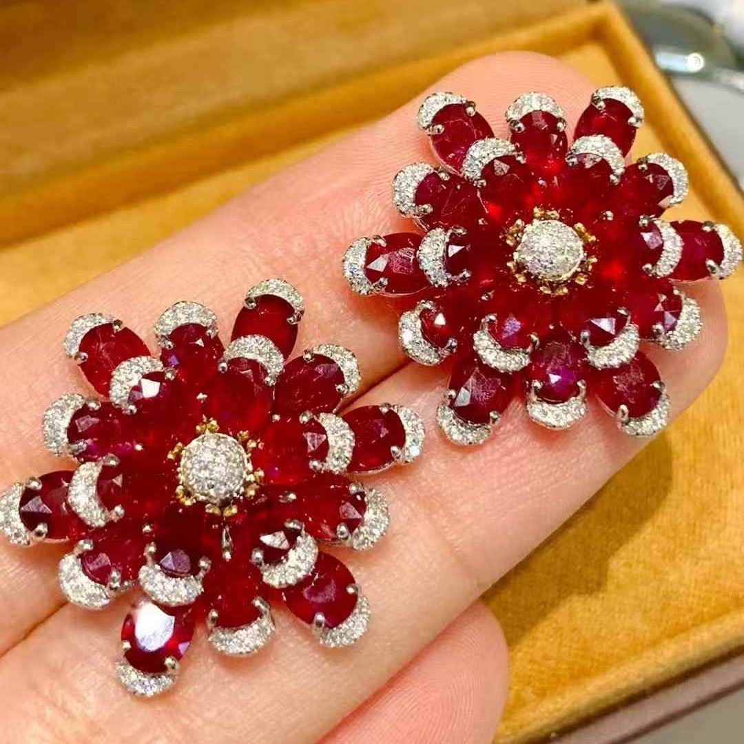 14k Gold 11.25 Ct Natural Ruby & Diamond Earrings - 2