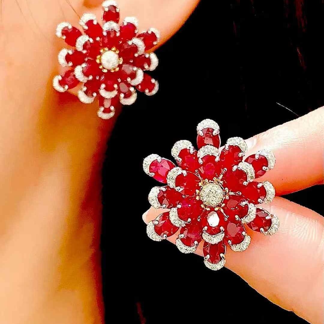 14k Gold 11.25 Ct Natural Ruby & Diamond Earrings - 6