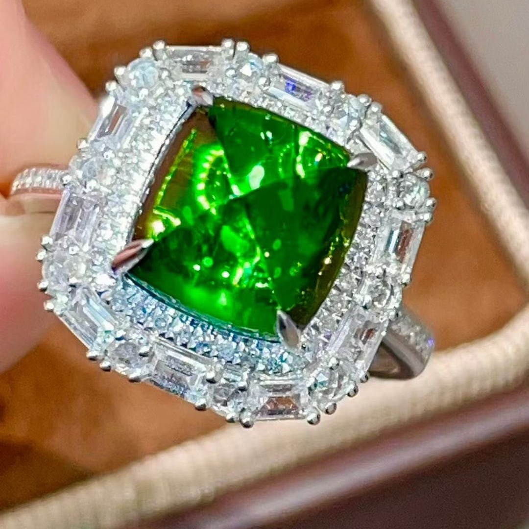 14k Gold 4 Ct Natural Tourmaline & Diamond & Sapphire Ring: Ref:231115059 // gold content:14k gold // ring size:7. 25us // // main gemstone:tourmaline // shape:sugar-loaf // carat weight:4ct // color:green // treatment:natural // // adjacent gemstone 2 :