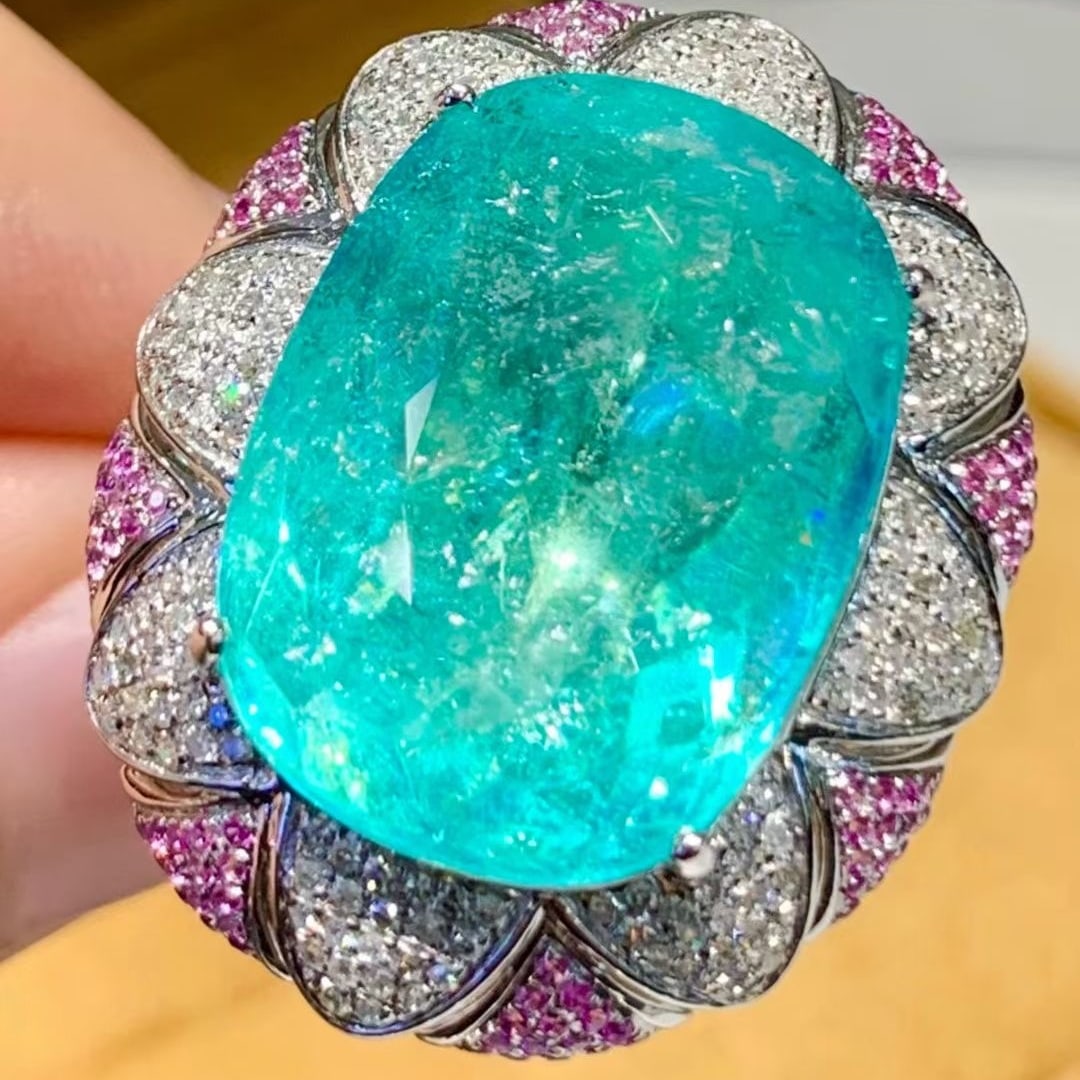 14k Gold 15.5 Ct Natural Paraiba Tourmaline & Diamond Ring - 3