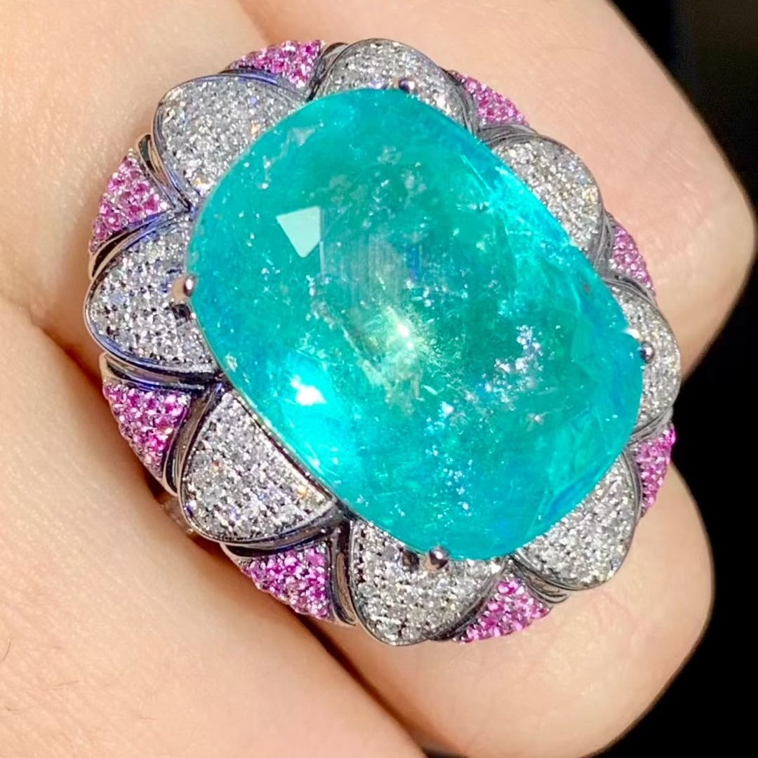 14k Gold 15.5 Ct Natural Paraiba Tourmaline & Diamond Ring - 6