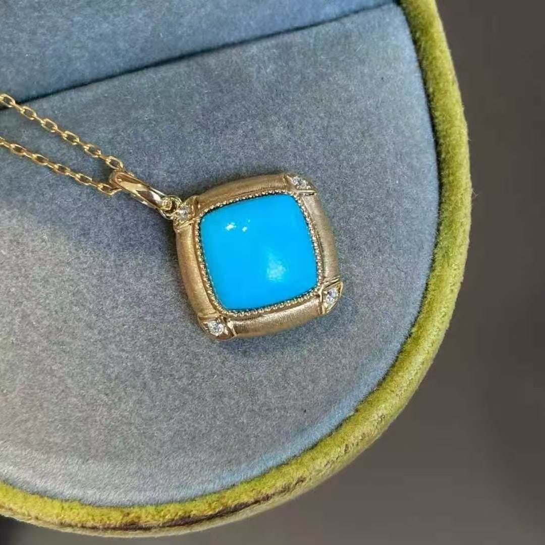 14k Gold 2.2 Ct Natural Blue Turquoise & Diamond Pendant( Without Chain ) - 2