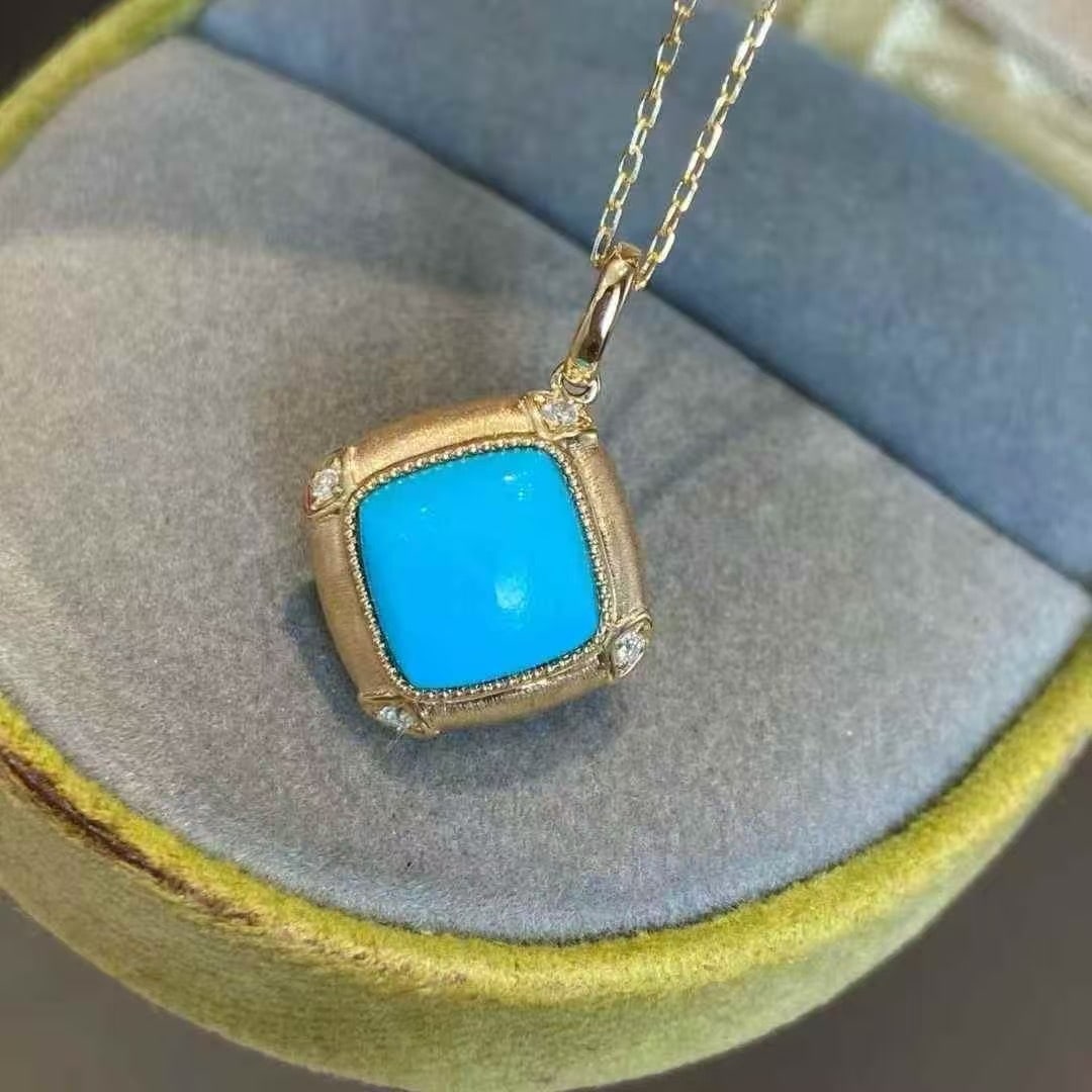 14k Gold 2.2 Ct Natural Blue Turquoise & Diamond Pendant( Without Chain ) - 3