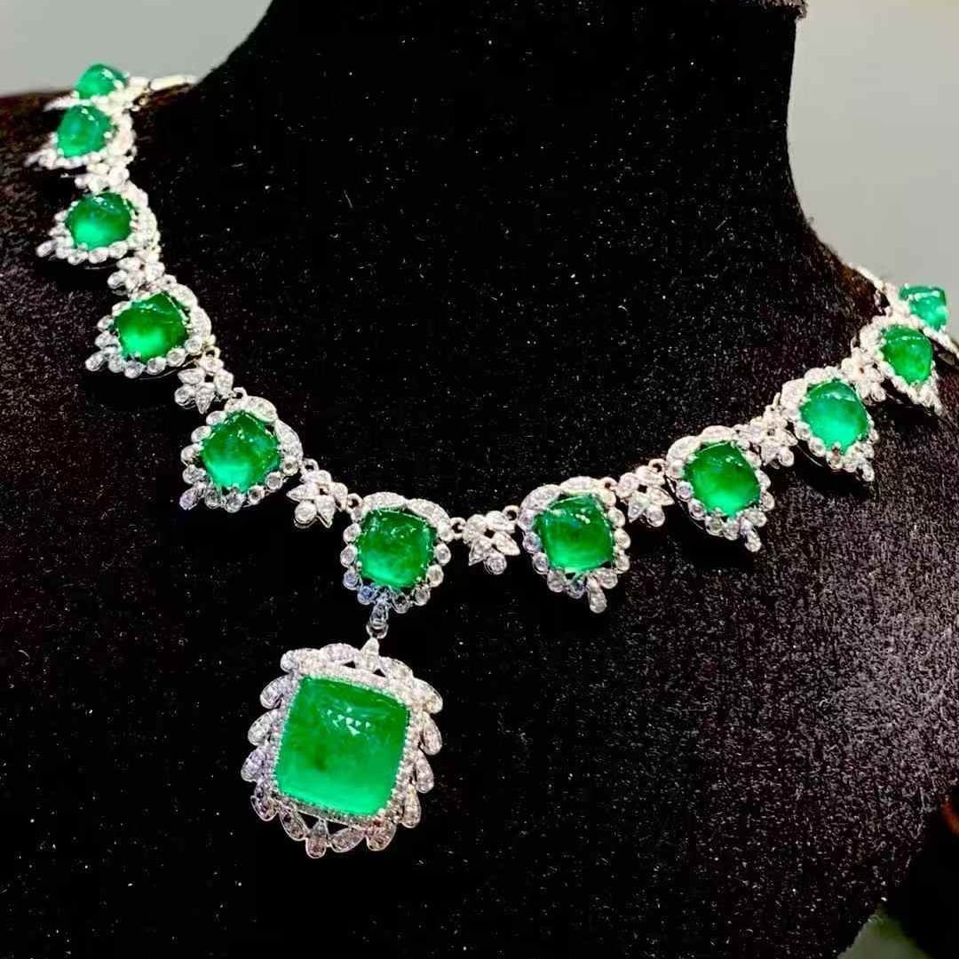 14k Gold 13.02 Ct Natural Emerald & Diamond Necklace - 5