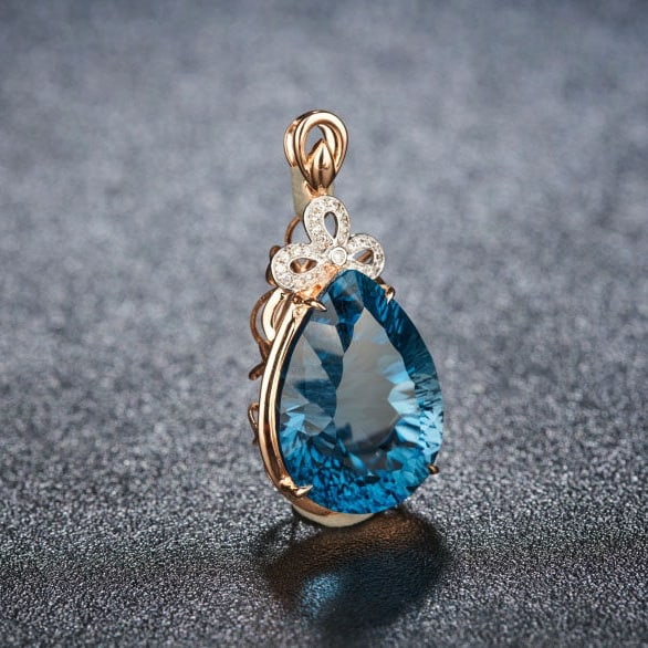 14k Gold 17.35 Ct Natural Topaz & Diamond Pendant( Without Chain ) - 2