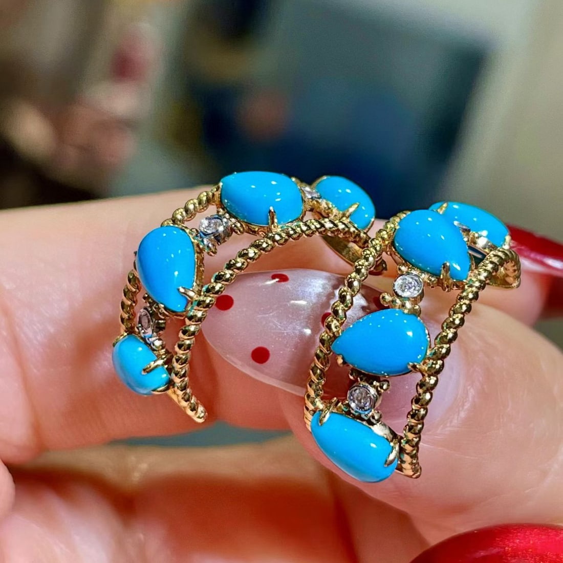 14k Gold 3.30 Ctw Natural Blue Turquoise & Diamond Earrings - 3