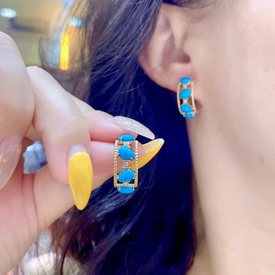 14k Gold 3.30 Ctw Natural Blue Turquoise & Diamond Earrings - 4