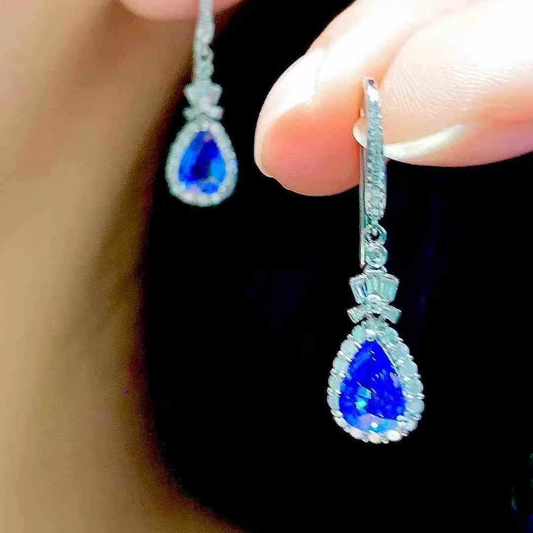 14k Gold 1.5 Ct Natural Sapphire & Diamond Earrings - 6