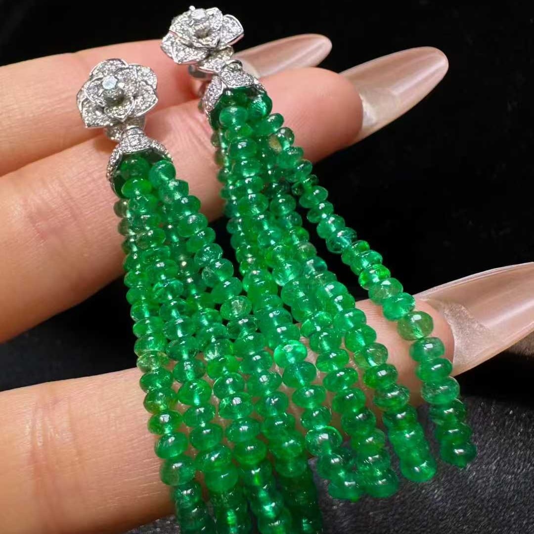 14k Gold 26.15 Ct Natural Emerald & Diamond Earrings - 2