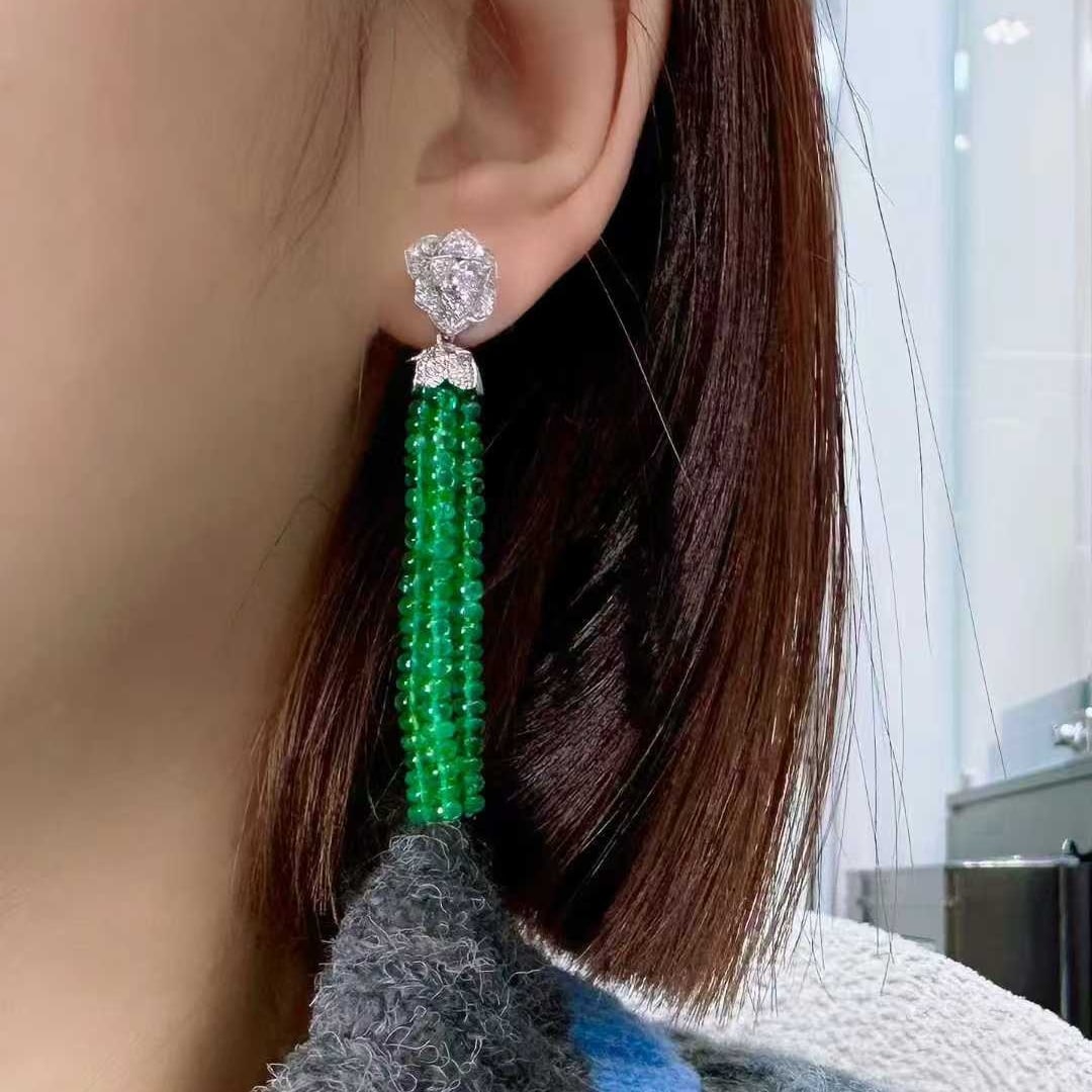 14k Gold 26.15 Ct Natural Emerald & Diamond Earrings - 4