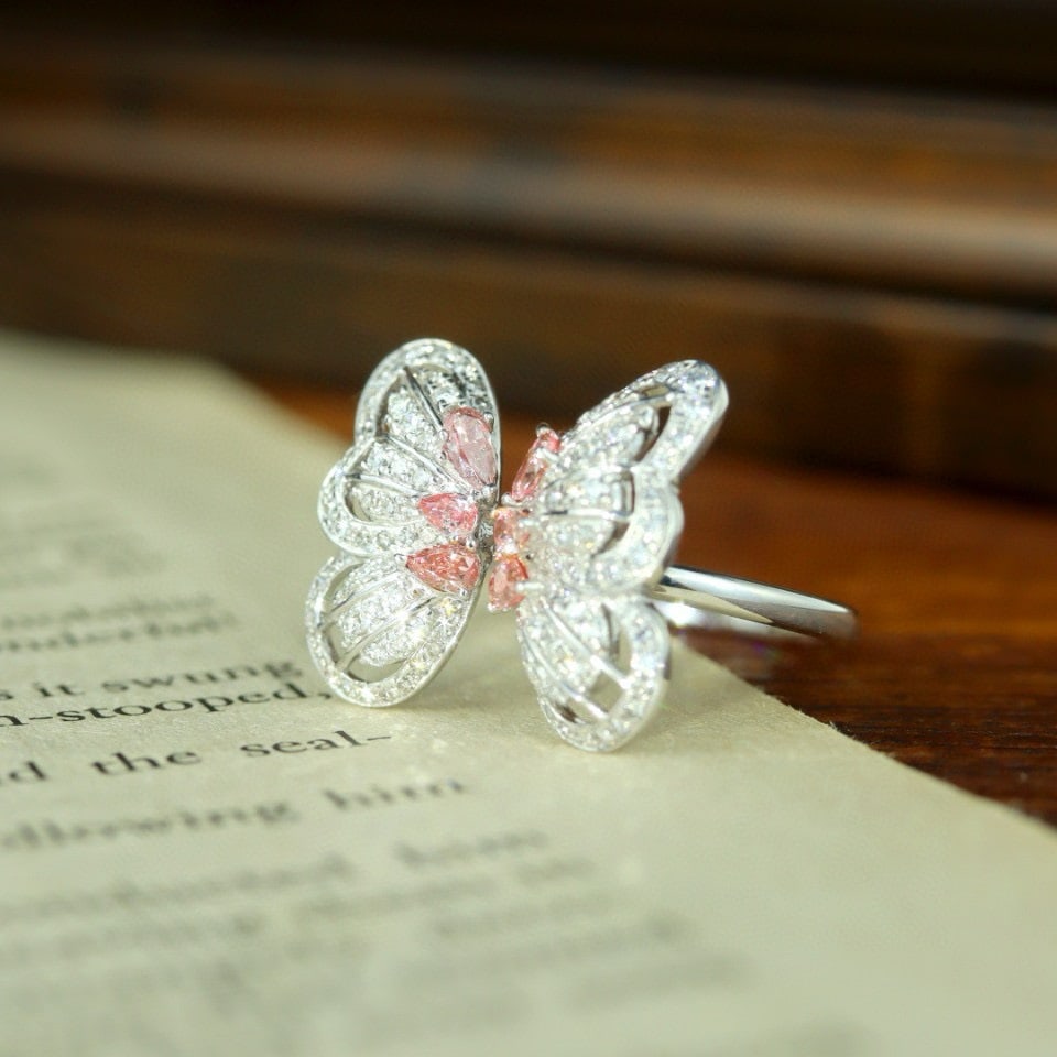 14k Gold 0.83 Ctw Natural Pink Diamond & Diamond & Butterfly Ring - 2