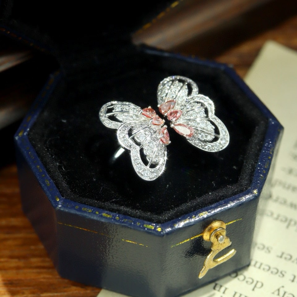 14k Gold 0.83 Ctw Natural Pink Diamond & Diamond & Butterfly Ring - 4