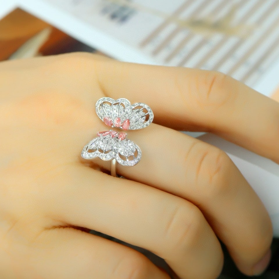 14k Gold 0.83 Ctw Natural Pink Diamond & Diamond & Butterfly Ring - 5