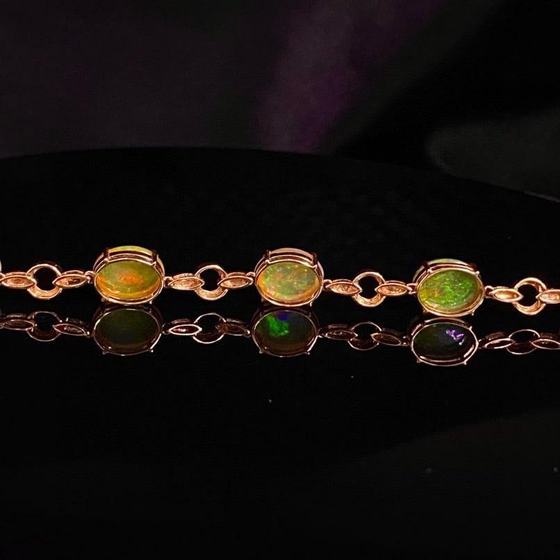 14k Gold 6.05 Ct Natural Opal & Diamond Bracelet - 6