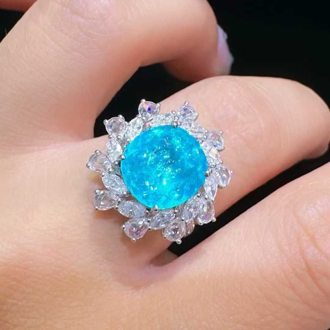 14k Gold 4.03 Ctw Natural Paraiba Tourmaline & Diamond Ring - 2