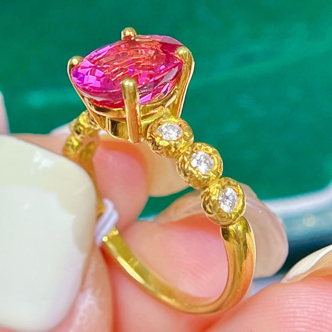 14k Gold 3 Ct Natural Tourmaline & Diamond Ring - 3