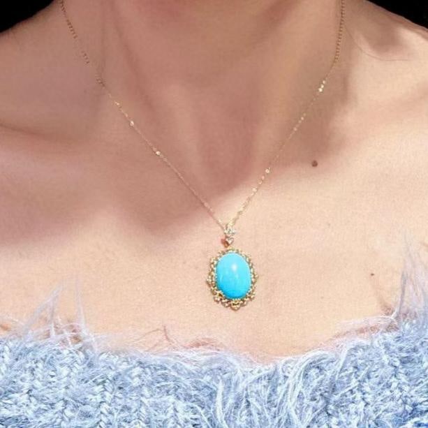 14k Gold 6.29 Ctw Natural Blue Turquoise & Diamond Pendant( Without Chain ) - 4