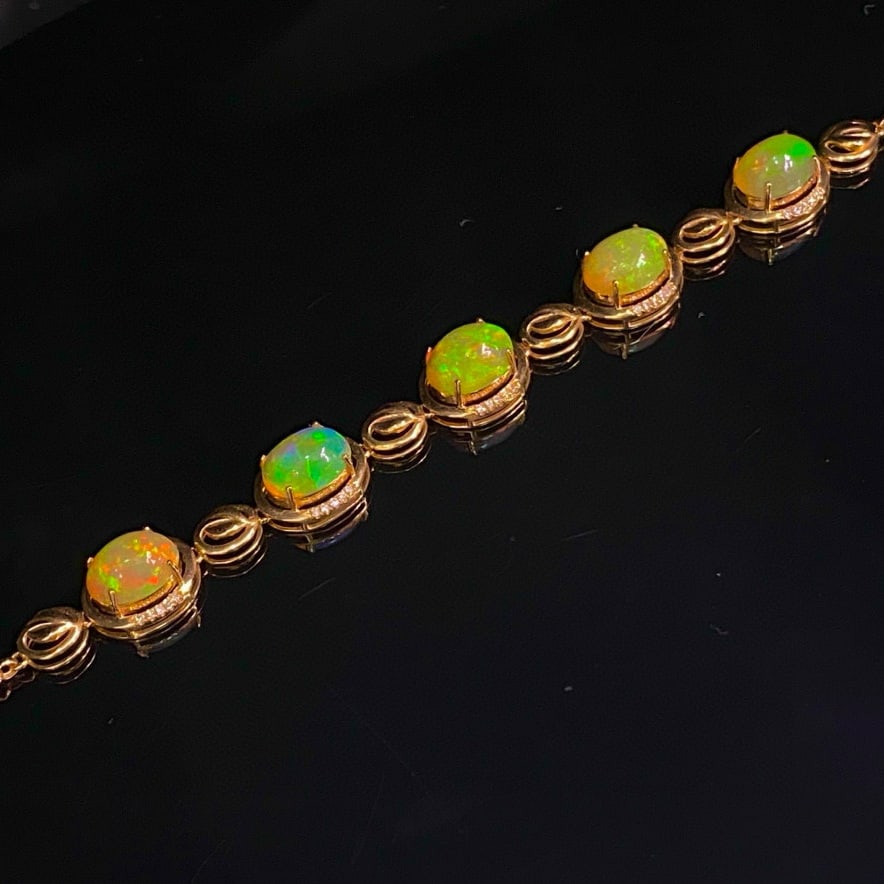 14k Gold 4.05 Ct Natural Opal & Diamond Bracelet - 4