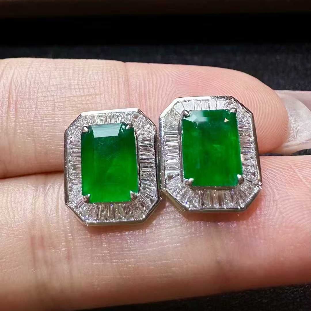 14k Gold 3.89 Ctw Vivid Green Natural Emerald & Diamond Earrings - 2