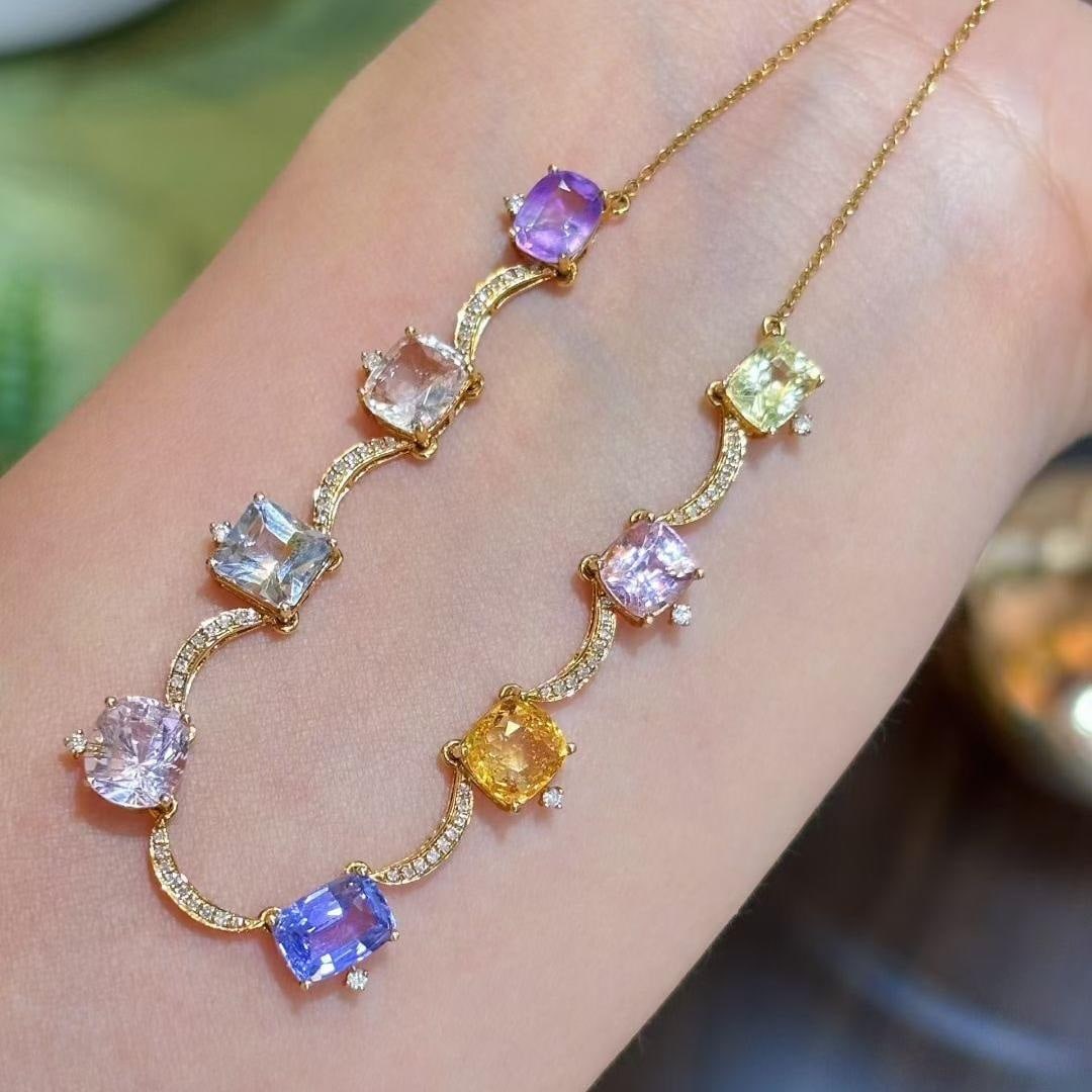 14k Gold 9.22 Ct Natural Sapphire & Diamond Necklace: Ref:231115183 // gold content:14k gold // main gemstone:sapphire // shape:multiple // carat weight:9. 22ct // color:color // treatment:natural // // adjacent gemstone 2 : diamond // shape:round //