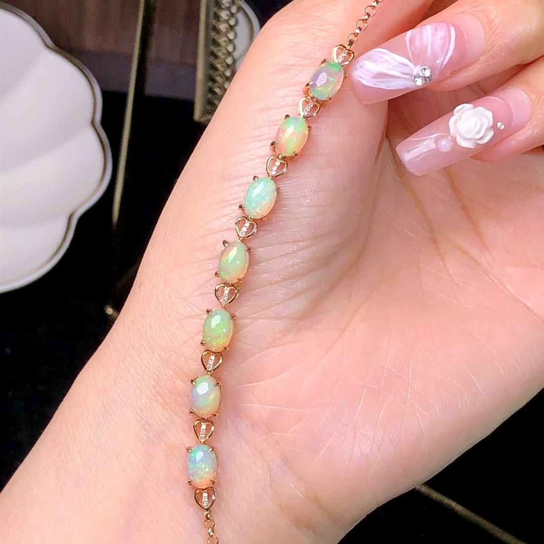 14k Gold 3.91 Ct Natural Opal & Diamond Bracelet - 4