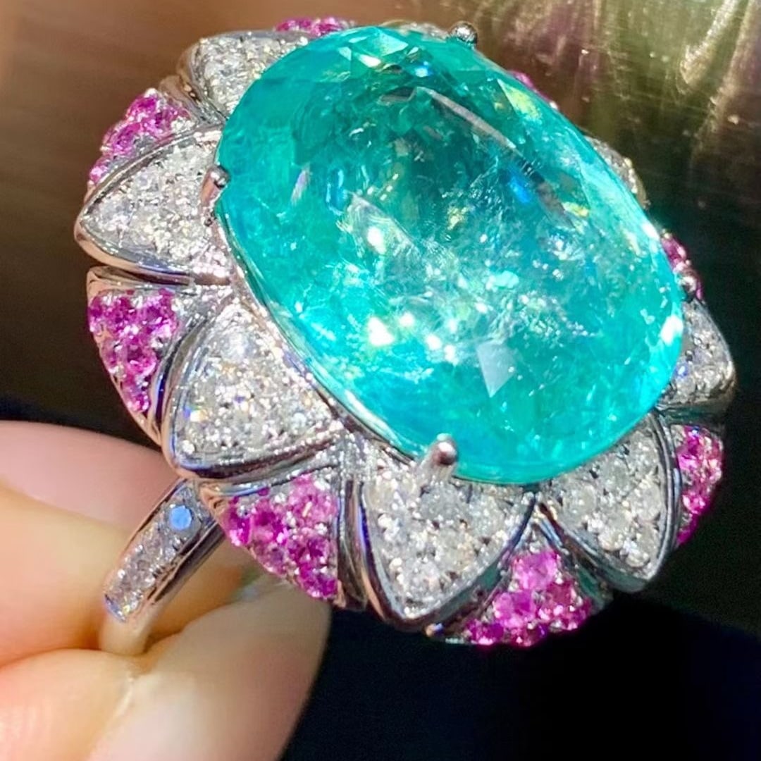 14k Gold 11.39 Ct Natural Paraiba Tourmaline & Diamond Ring - 4