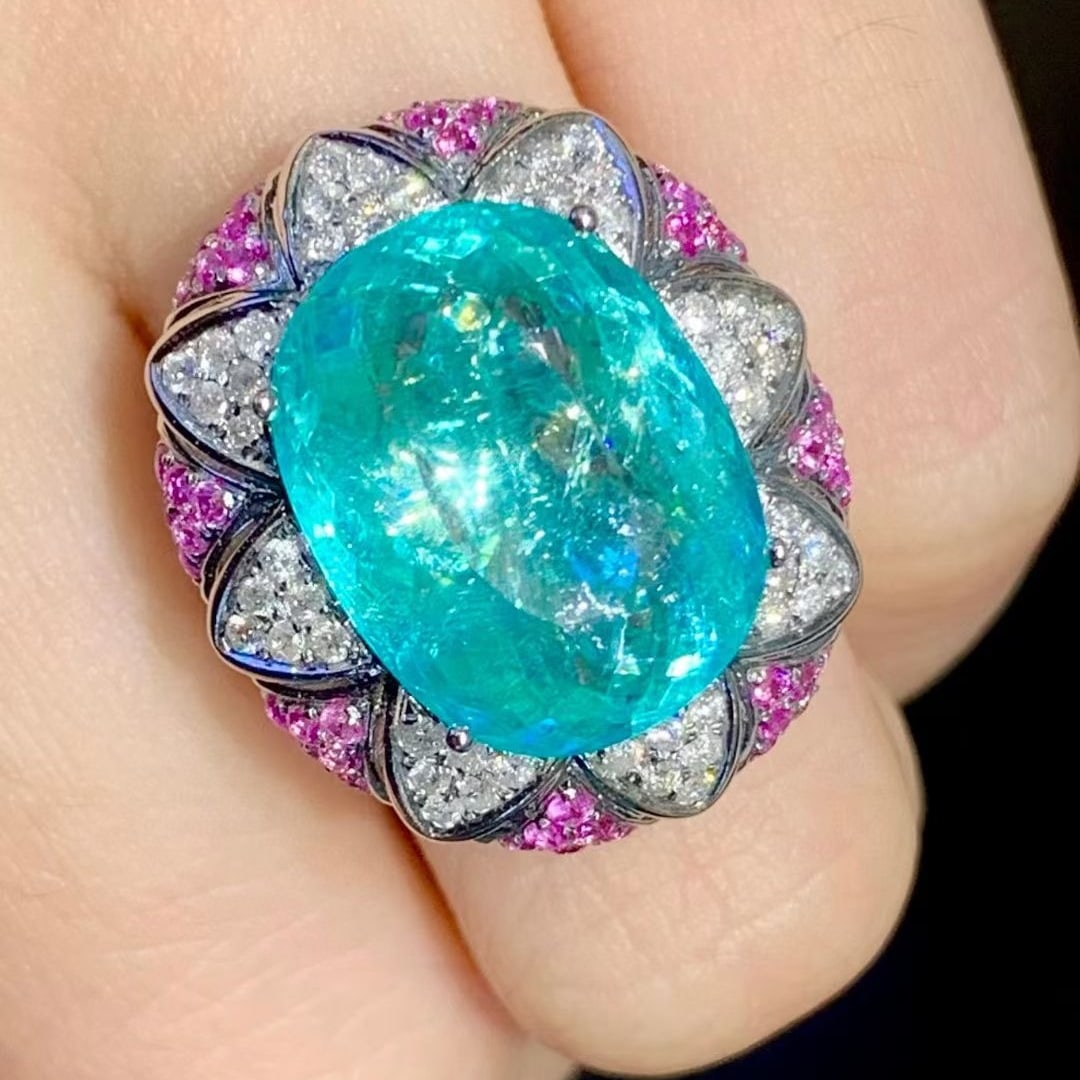 14k Gold 11.39 Ct Natural Paraiba Tourmaline & Diamond Ring - 5