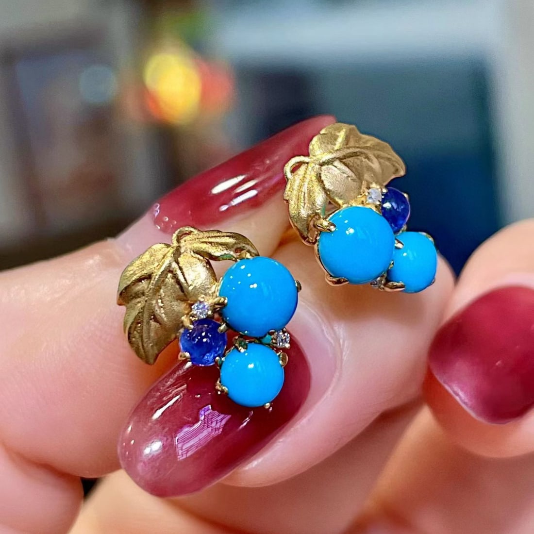 14k Gold 2.01 Ctw Natural Blue Turquoise & Sapphire Earrings - 2