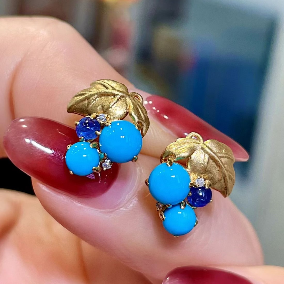 14k Gold 2.01 Ctw Natural Blue Turquoise & Sapphire Earrings - 3