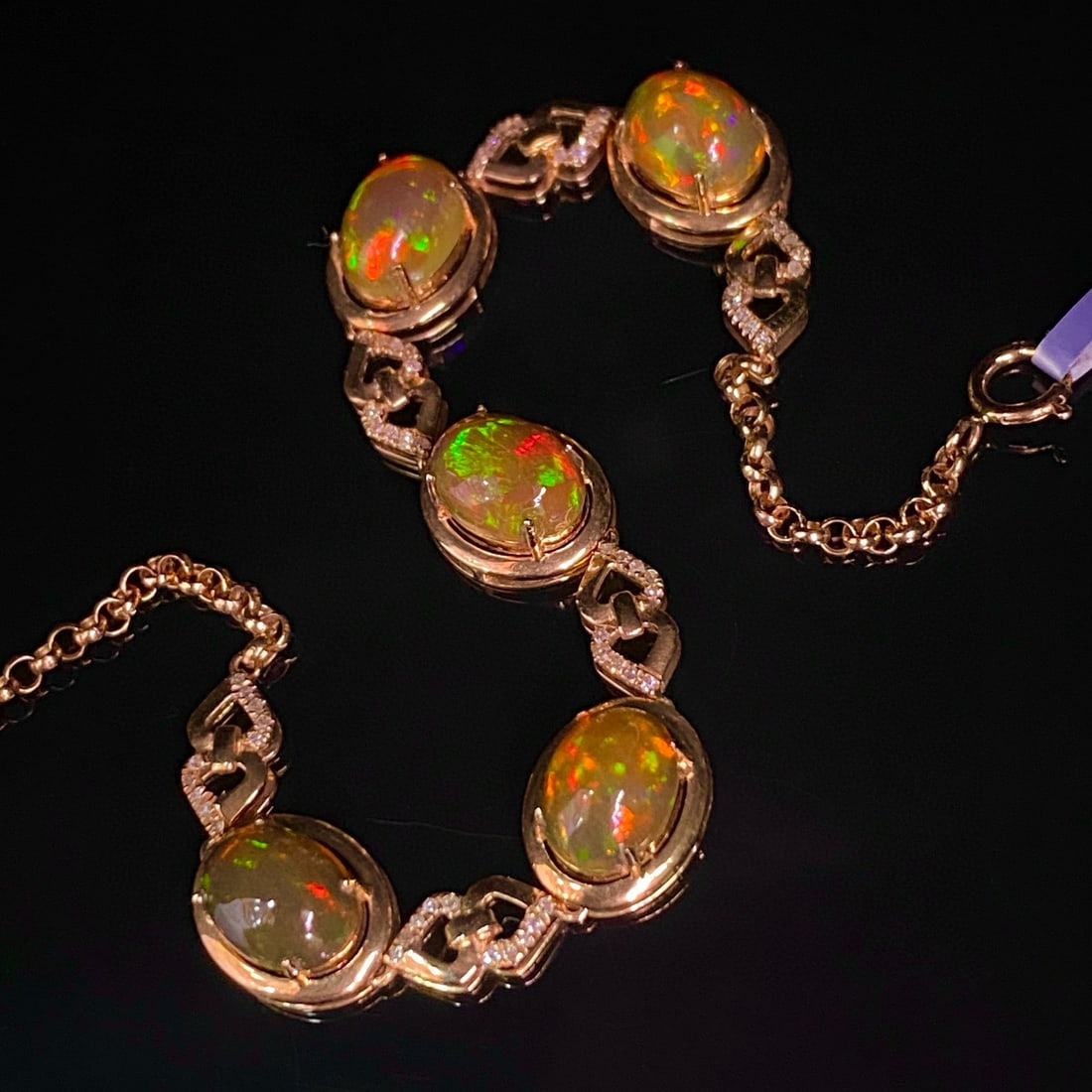 14k Gold 4.45 Ct Natural Opal & Diamond Bracelet - 2