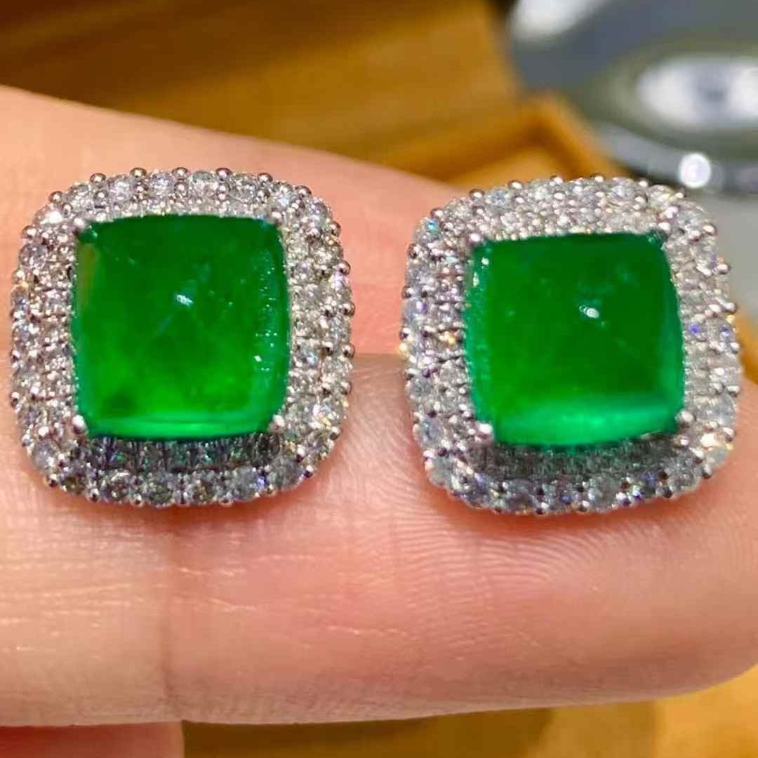 14k Gold 5.2 Ct Vivid Green Natural Emerald & Diamond Earrings - 4