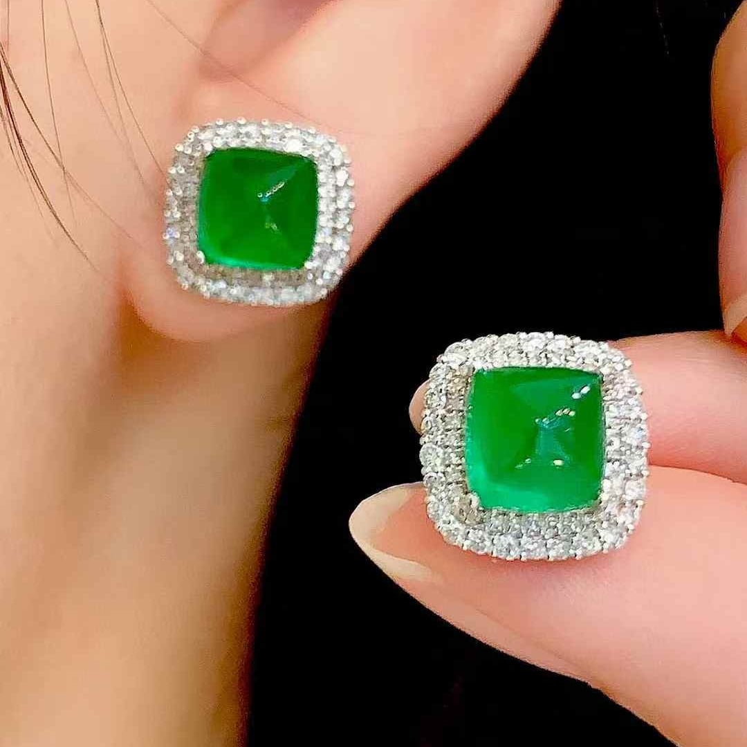 14k Gold 5.2 Ct Vivid Green Natural Emerald & Diamond Earrings - 5