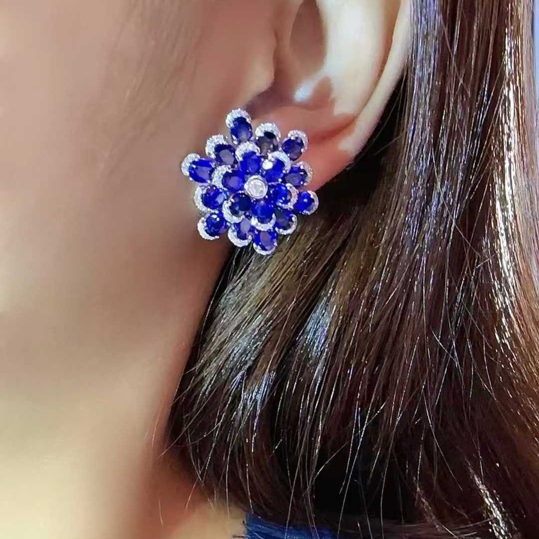 14k Gold 11.45 Ctw Natural Sapphire & Diamond Earrings - 4