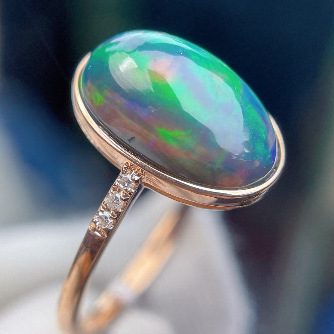 14k Gold 3.33 Ct Natural Opal & Diamond Ring - 6