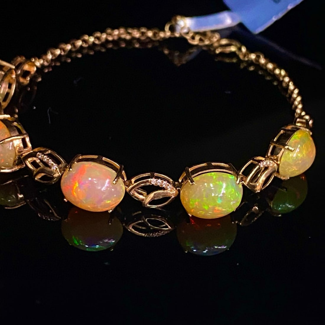 14k Gold 6.60 Ct Natural Opal & Diamond Bracelet - 3