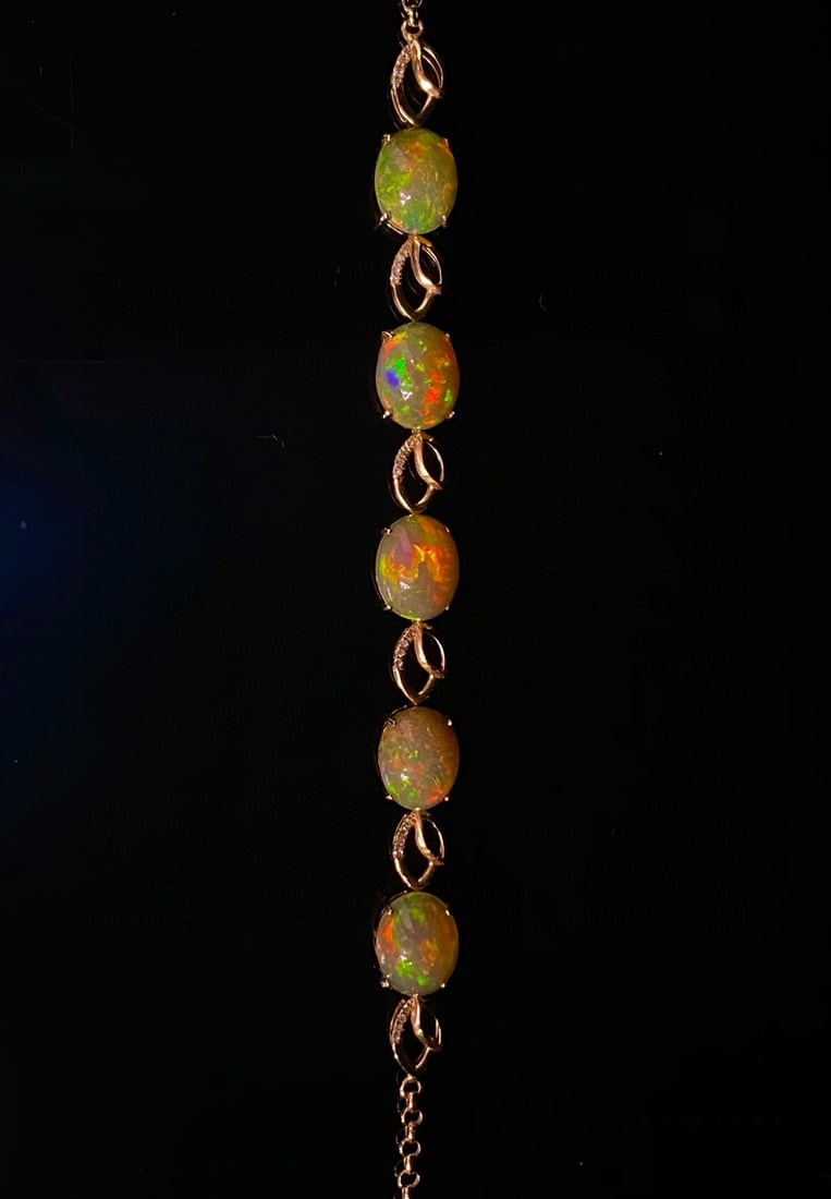 14k Gold 6.60 Ct Natural Opal & Diamond Bracelet - 4