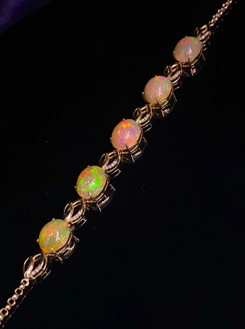 14k Gold 6.60 Ct Natural Opal & Diamond Bracelet - 6