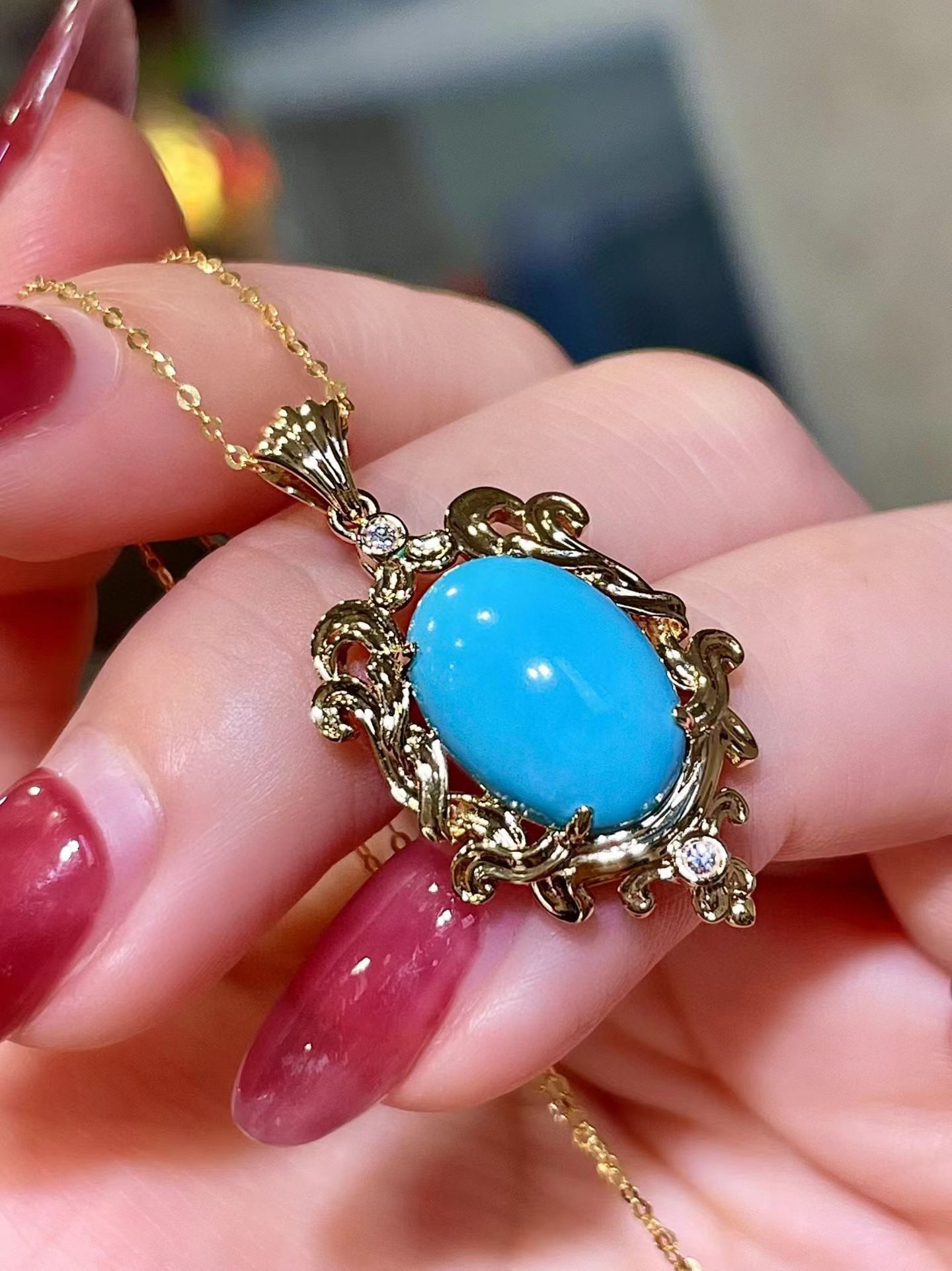 14k Gold 4.79 Ct Natural Blue Turquoise & Diamond Pendant( Without Chain ) - 2