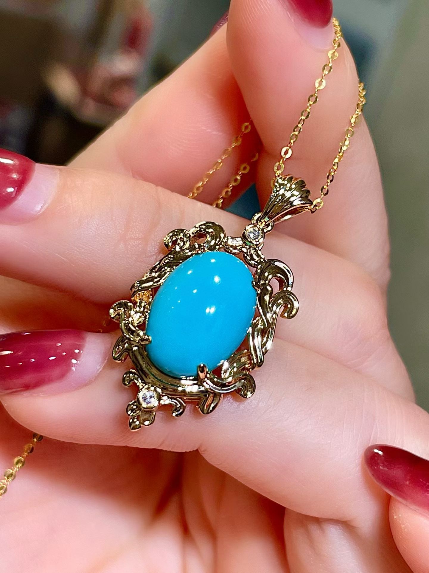 14k Gold 4.79 Ct Natural Blue Turquoise & Diamond Pendant( Without Chain ) - 3