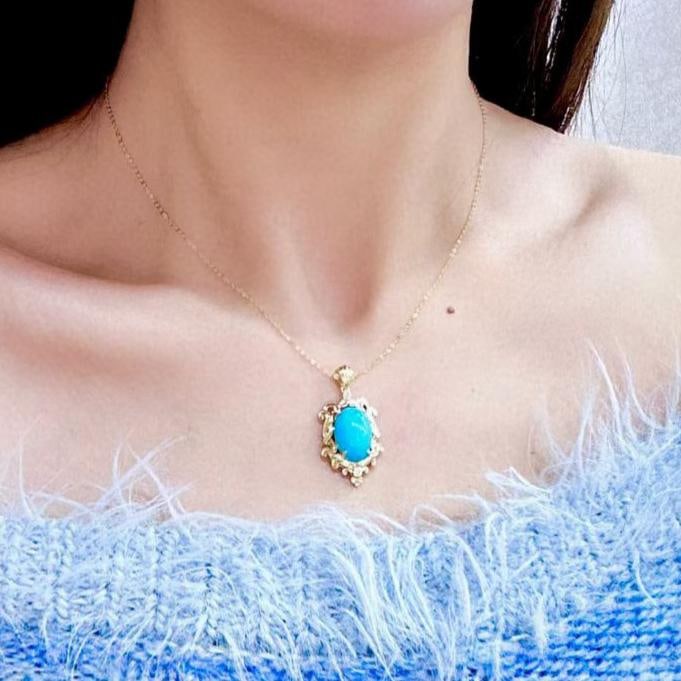 14k Gold 4.79 Ct Natural Blue Turquoise & Diamond Pendant( Without Chain ) - 4